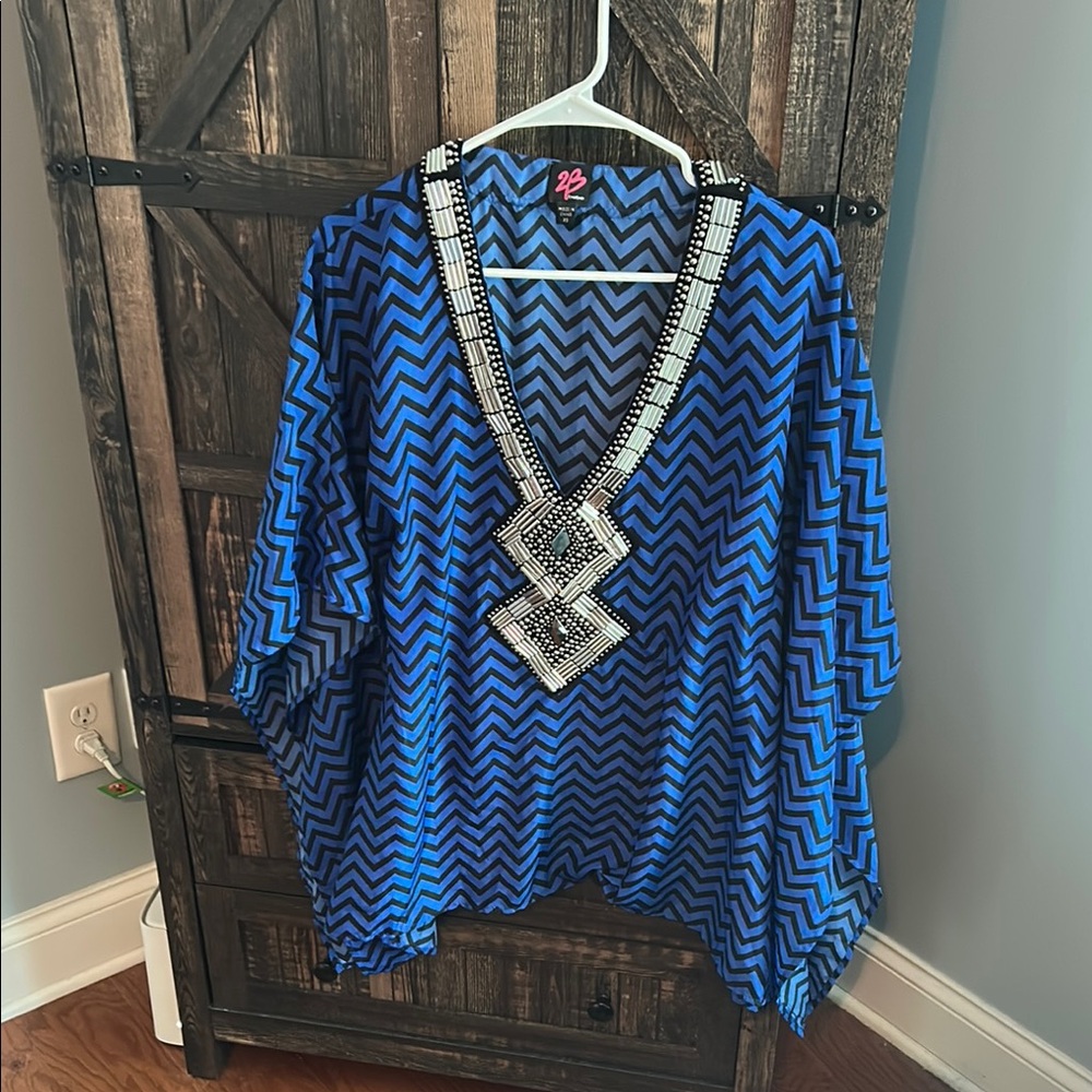 Blue Zigzag Beaded Women's Top
